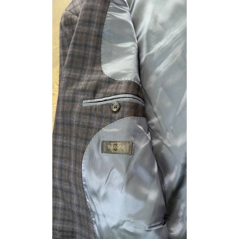 BARONI Men's Plaid Blazer Sport Coat Reda Blue Brown SUPER 150's Wool 46R